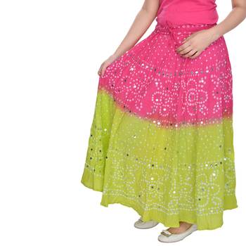 Pink Green Hand Work Bandhej Cotton Long Skirt 3