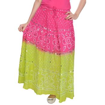 Pink Green Hand Work Bandhej Cotton Long Skirt 4