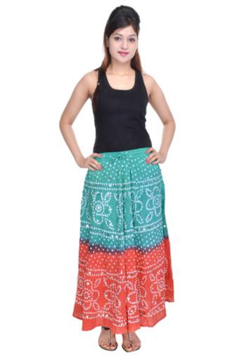 Green Orange Bandhej Cotton Long Skirt