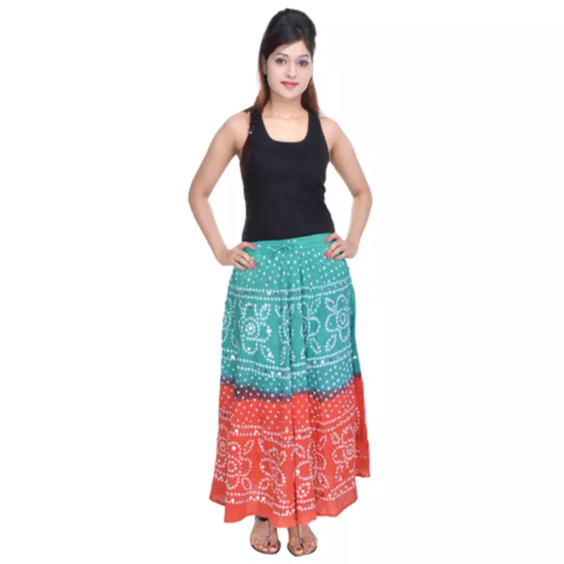 Green Orange Bandhej Cotton Long Skirt