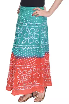 Green Orange Bandhej Cotton Long Skirt