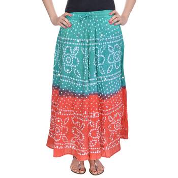 Green Orange Bandhej Cotton Long Skirt 4