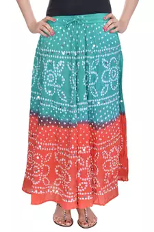 Green Orange Bandhej Cotton Long Skirt