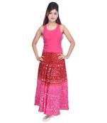 Red Pink Bandhej Hand Work Cotton Long Skirt