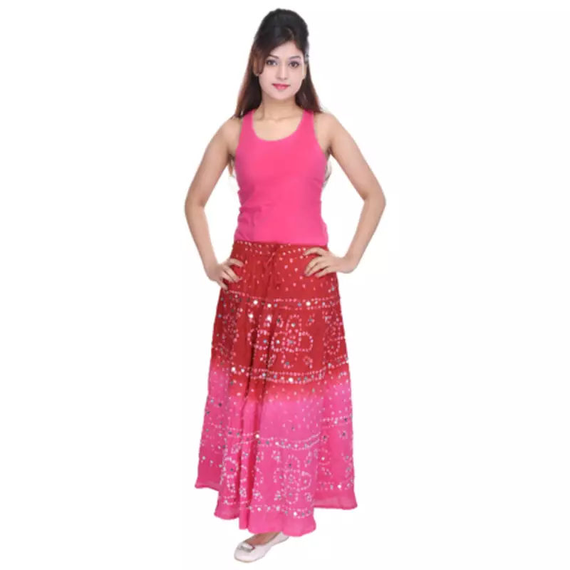 Red Pink Bandhej Hand Work Cotton Long Skirt