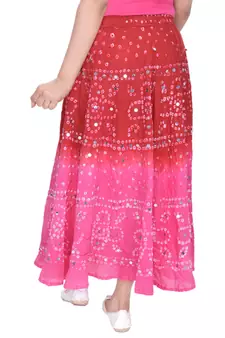 Red Pink Bandhej Hand Work Cotton Long Skirt