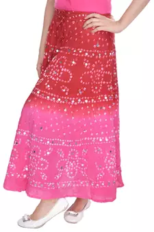 Red Pink Bandhej Hand Work Cotton Long Skirt