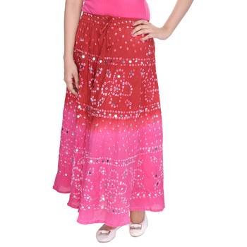 Red Pink Bandhej Hand Work Cotton Long Skirt 4