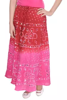 Red Pink Bandhej Hand Work Cotton Long Skirt