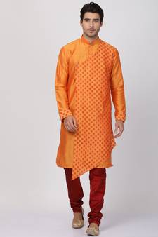 Orange Plain Cotton Silk Kurta Pajama