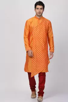 Orange Plain Cotton Silk Kurta Pajama