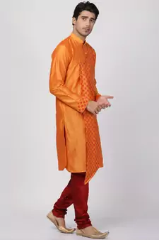Orange Plain Cotton Silk Kurta Pajama