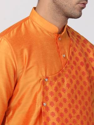 Orange Plain Cotton Silk Kurta Pajama 3