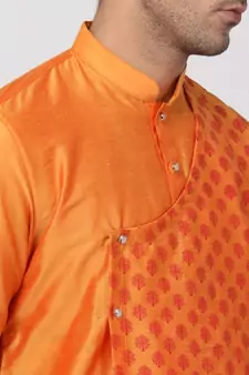 Orange Plain Cotton Silk Kurta Pajama