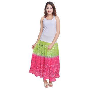 Green Pink Bandhej Cotton Long Skirt 1