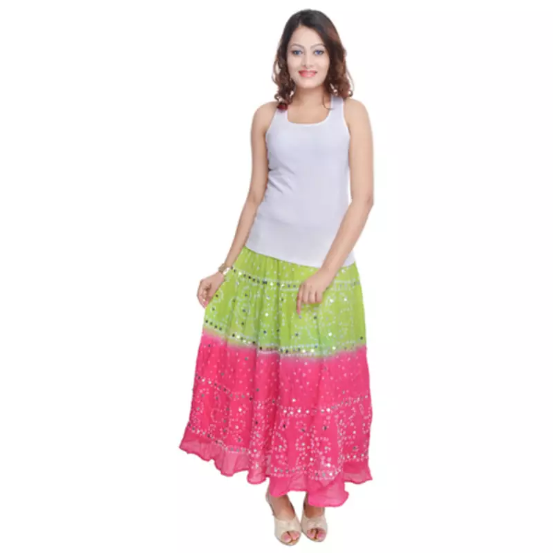 Green Pink Bandhej Cotton Long Skirt