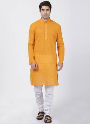 Yellow Plain Cotton Kurta Pajama 1