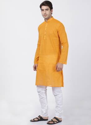 Yellow Plain Cotton Kurta Pajama 2