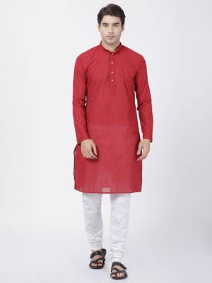 Red Plain Cotton Kurta Pajama 1