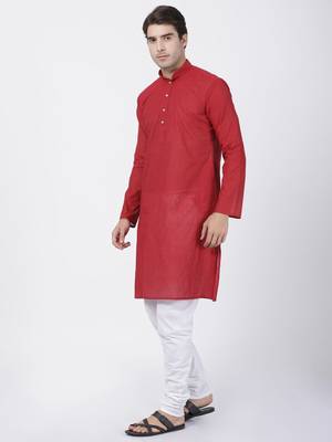 Red Plain Cotton Kurta Pajama 2