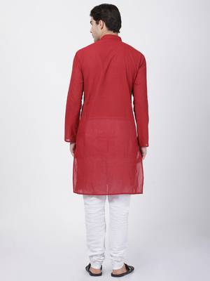 Red Plain Cotton Kurta Pajama 4