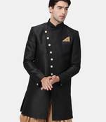 Black Plain Blended Cotton Sherwani