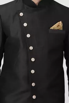 Black Plain Blended Cotton Sherwani