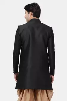 Black Plain Blended Cotton Sherwani