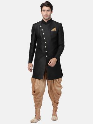 Black Plain Blended Cotton Sherwani 5