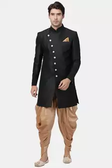 Black Plain Blended Cotton Sherwani