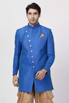 Blue Plain Blended Cotton Bandhgala