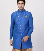 Blue Plain Blended Cotton Bandhgala