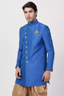 Blue Plain Blended Cotton Bandhgala