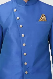 Blue Plain Blended Cotton Bandhgala