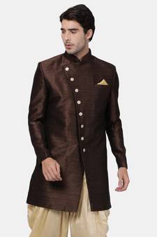 Brown Plain Blended Cotton Sherwani