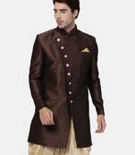 Brown Plain Blended Cotton Sherwani