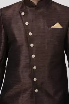 Brown Plain Blended Cotton Sherwani
