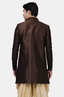 Brown Plain Blended Cotton Sherwani