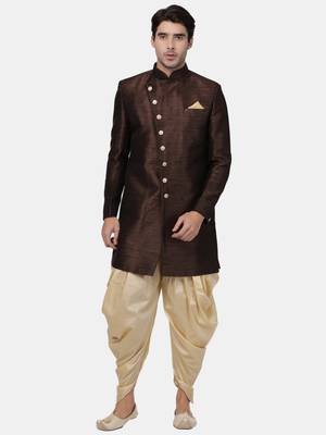 Brown Plain Blended Cotton Sherwani 5
