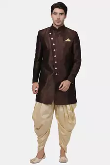 Brown Plain Blended Cotton Sherwani