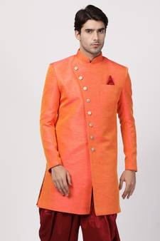 Orange Plain Blended Cotton Bandhgala