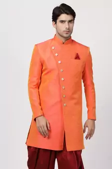 Orange Plain Blended Cotton Bandhgala