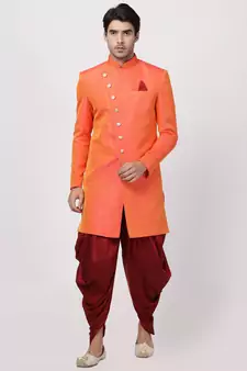 Orange Plain Blended Cotton Bandhgala