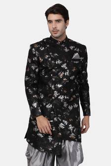 Men'S Black Polyester Lurex Blend Sherwani Only Top