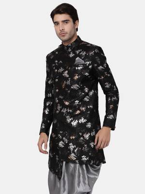 Men'S Black Polyester Lurex Blend Sherwani Only Top 2