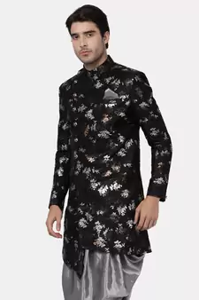 Men'S Black Polyester Lurex Blend Sherwani Only Top