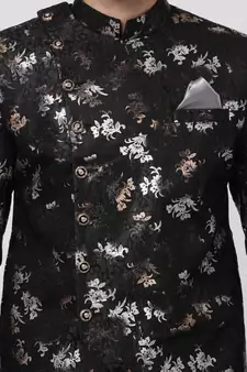 Men'S Black Polyester Lurex Blend Sherwani Only Top