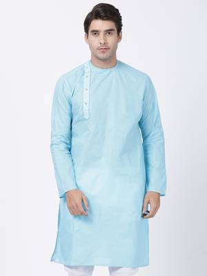 Blue Plain Cotton Men-Kurtas 1