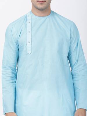 Blue Plain Cotton Men-Kurtas 3