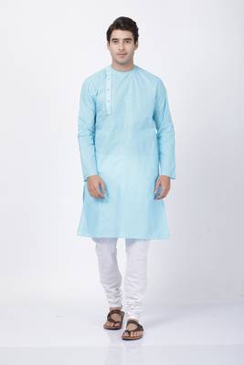 Blue Plain Cotton Men-Kurtas 5